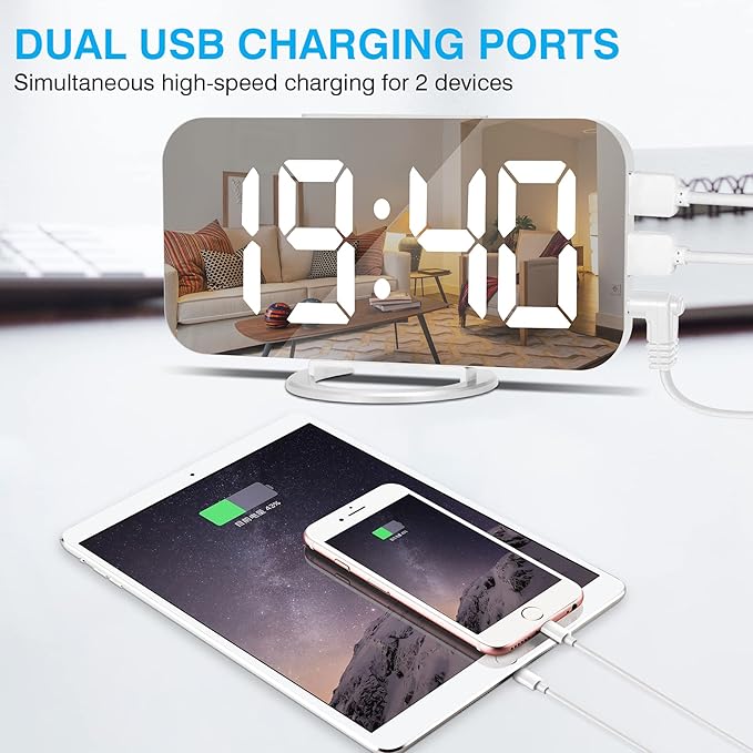Sukeen Digital Alarm Clock,6" Large LED Display with Dual USB Charger Ports | Auto Dimmer Mode | Easy Snooze Function, Modern Mirror Desk Wall Clock for Bedroom Home Office for All People (White)