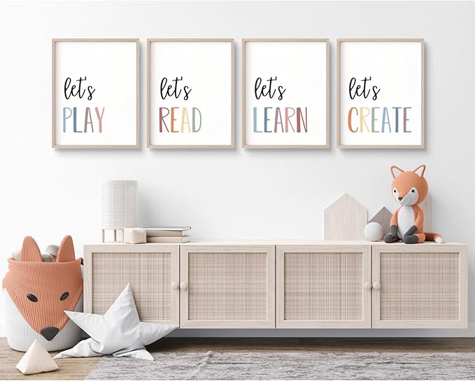 Youillne Playroom Kids Wall Art Decor Read Play Sign Classroom Children Wall Art Nursery Canvas Pictures Baby Girl Reading Posters Kids Artwork for 8x10 Inches Unframed Set of 4