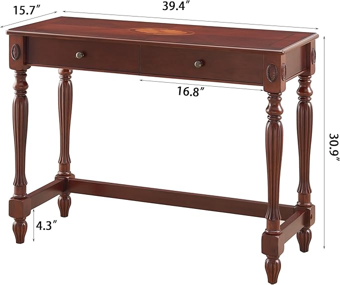 Solid Wood Computer Writing Desk with 2 Storage Drawers, Traditional Vanity Dressing Table, Small Home Office Desk, Corner Table, Easy Assembly 39.37” x 15.74” x 30.9” Cherry Red Walnut SSZ1533WD