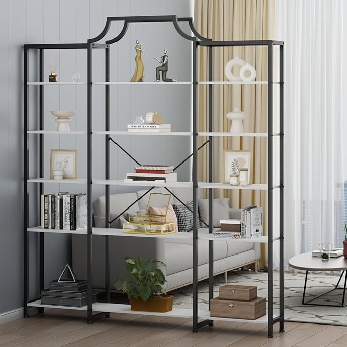 Auromie Triple Wide 5-Tier Bookshelf, 70.87" L x 79.13" H Extra Large Bookcase, Tall Open Etagere Display Shelf with Metal Frame, Freestanding Modern Storage Shelves for Home Office, Black&White