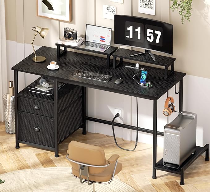 Furologee 47" Computer Desk with File Cabinet and Power Outlets, Home Office Desk with 2 Monitor Stands and Storage Drawer, Gaming Table with Shelves and 2 Hooks for Bedroom, Black