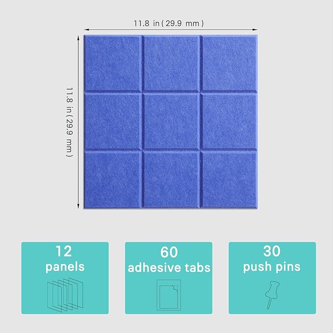 Cork Board for Walls 48" x 36", Bulletin Board for Office Decor, 12 Pack Felt Wall Tiles with Safe Removable Adhesive, Pin Tack Corkboard for Quilting Design & Dart Wall Protector - Sky Blue