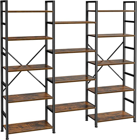 SUPERJARE Triple Bookshelf, Bookcase with 14 Open Display Shelves, Wide Book Shelf Book Case for Home & Office, 5 Tier, Brown