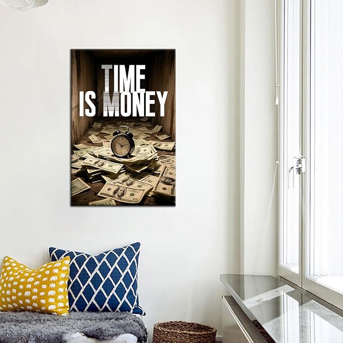 Motivational Canvas Wall Art Inspirational Poster Time Is Money Positive Quotes Poster Print Success Painting Picture Office Bathroom Classroom Office Home Wall Decor Framed [12''Wx18''H]