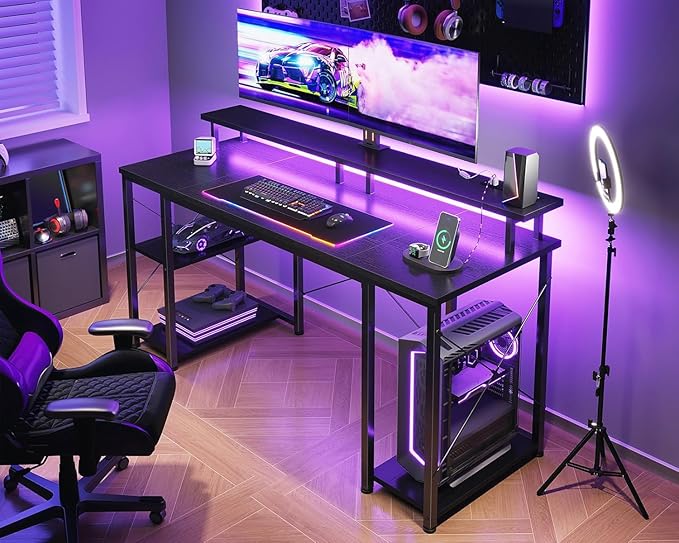 ODK 48 inch Gaming Desk with LED Lights & Power Outlets, Computer Desk with Monitor Stand & Storage Shelves, CPU Stand, Home Office Desk, Black