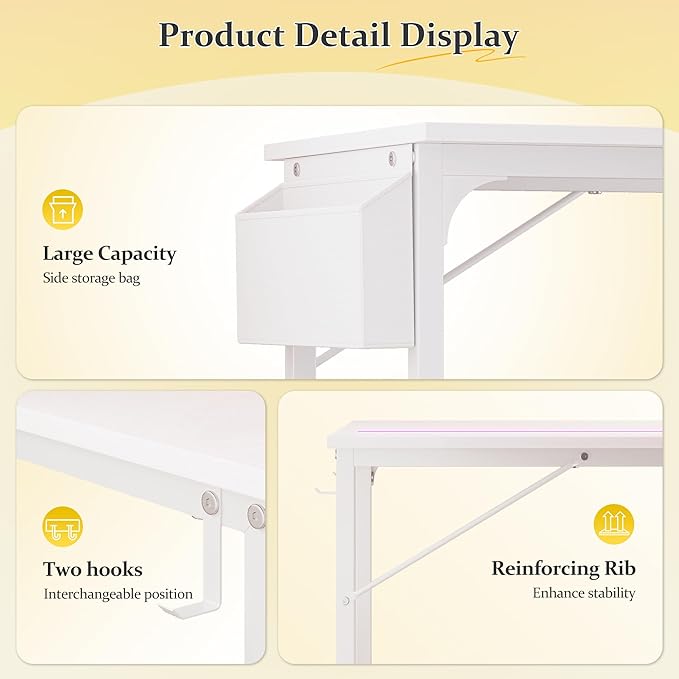 63 Inch Computer Desk with LED Lights, Office Desk for Home Office, Study Desk Writing Table with Storage Bag, Headphone Hook, White