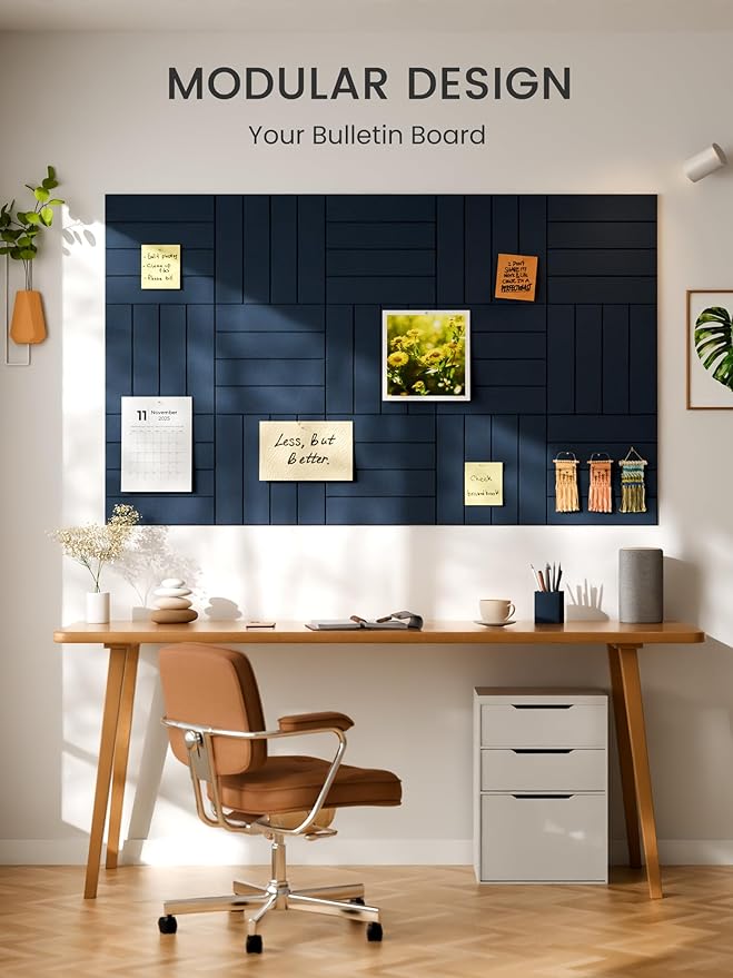 Bumusty Large Cork Board Alternative-48 x 36" Felt Bulletin Board Tiles, with 30 Pushpins, 70 Adhesive Tabs, 12-Pack Slat Wall Paneling, Cork Boards for Office Push Pin Board Felt Board-Carbon Blue