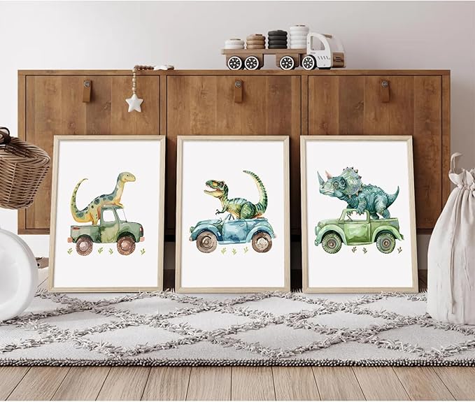 Dinosaur Nursery Wall Art Kids Canvas Poster Baby Boy Nursery Wall Decor Green Dino Pictures Toddler Prints Cartoon Dino Car Painting Boys Room Artwork for Bedroom Bathroom 12x16x3 Inch White Framed