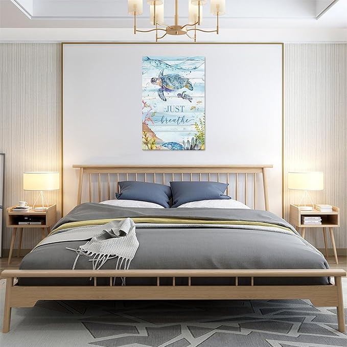 Ocean Sea Turtle Wall Art Nautical Just Breathe Pictures Wall Decor Beach Seaweed Canvas Coastal Painting Modern Artwork Home Decoration for Bathroom Living Room Bedroom Office Framed 16"x24"