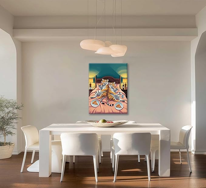 Funny Tiger Canvas Wall Art Fun Tiger Couple Enjoying Pizza In Bed Wall Decor Whimsical Animal Pictures Painting Humorous Decoration Poster Print for Quirky Bedroom Living Room Dining Hall Framed
