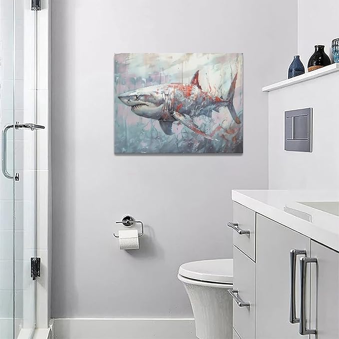 yerretin Ocean Shark Wall Art Nautical Shark Pictures Wall Decor Beach Coastal Undersea Canvas Painting Modern Artwork Home Decorations for Bathroom Bedroom Living Room Office Framed 16"x12"