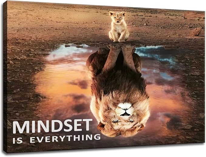 Motivational Canvas Wall Art Mindset is Everything Inspirational Entrepreneur Quotes Posters Print Artwork Small Lion Big Lion Painting Picture for Home Office Framed Ready to Hang [18''W x 12''H]