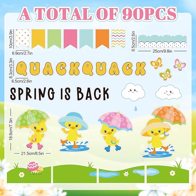 AnyDesign 90 Pcs Spring Duck Bulletin Board Decoration Rubber Duck Quack Spring is Back Paper Cutouts with 150 Pcs Glue Points for Holiday Party Classroom Wall Decor