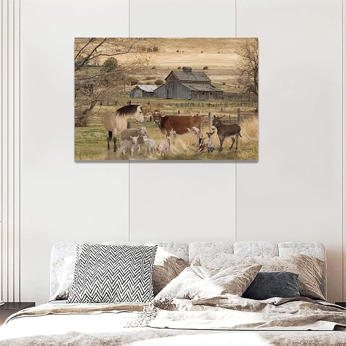 yerretin Farm Animal Wall Art Country Old Barn Pictures Wall Decor Rustic Canvas Print Farmhouse Landscape Painting Modern Home Artwork for Living Room Bedroom Bathroom Office Framed, 24"x16"