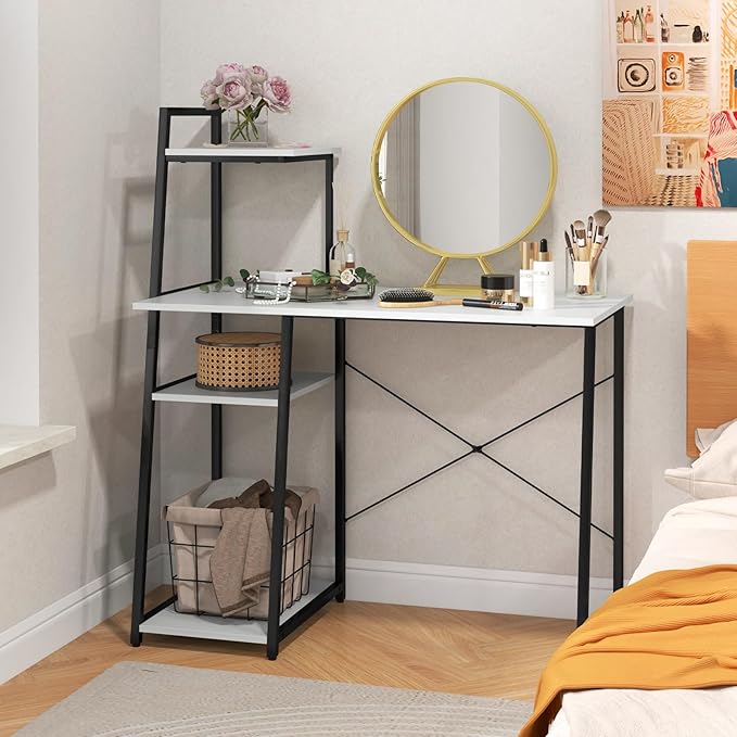 Giantex Computer Desk with Shelves, 47.5” Home Office Desk with Bookshelf, Host Stand, Metal Frame, PC Laptop Workstation, Modern Study Writing Desk for Bedroom, Small Space (White & Black)