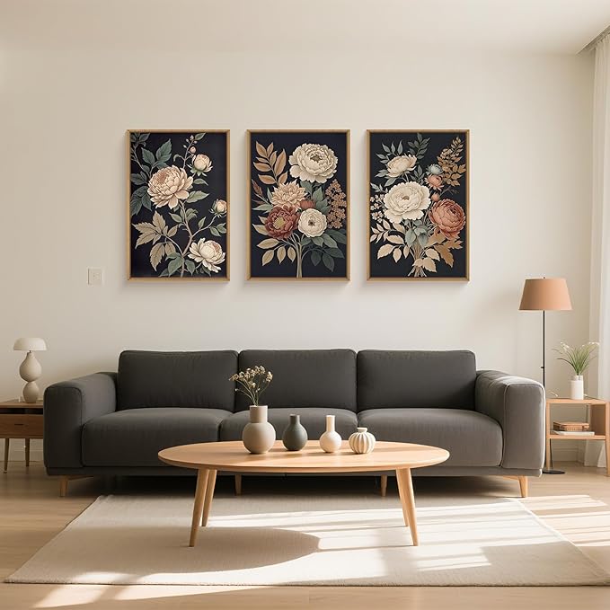 HOURIA Large Moody Dark Flower Framed Canvas Wall Art,Retro Beige Red Peony Wall Decor,Vintage Textured Blossom Botanical Artwork,Natural Wildflower Art Print for Living Room,Bedroom,Office-16 x24 x3