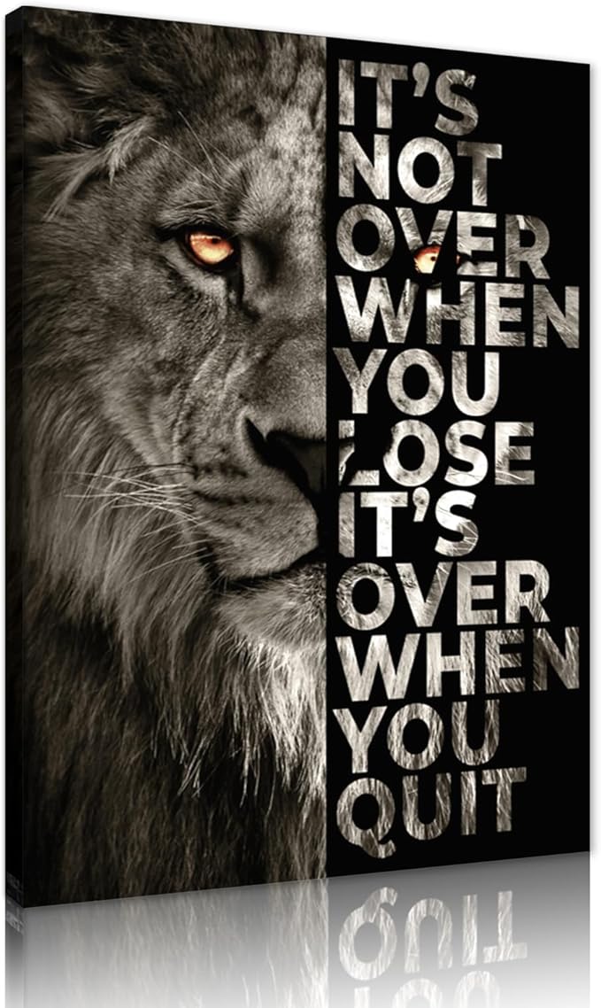 Large Wooden Framed Inspirational Office Artwork Black and White Lion Head Portrait with Motivational Sayings HD Print Giclee Canvas Paintings Pictures for Coffee Shop Framed Easy to Hang-28 x 44 in