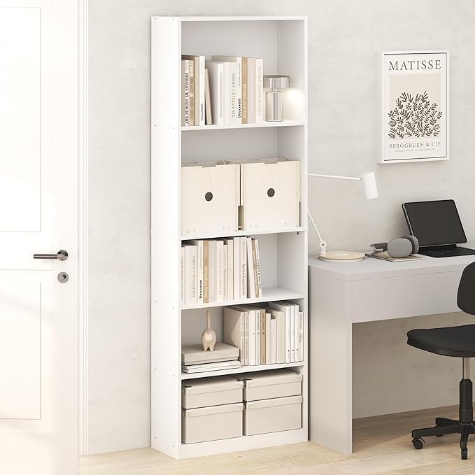 Furinno Jaya Book Shelf, 5-Tier Tall Book Shelf, Bookcase with Open Shelving, Standing Bookshelf, 9.5 x 24.6 x 71.1, for Organization and Storage, for Home Office, Living Room, White