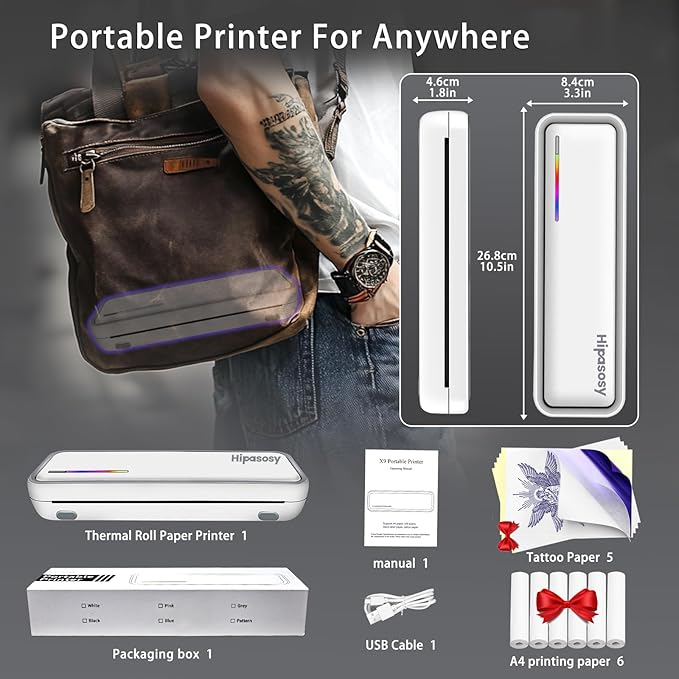 Portable Thermal Wireless Printers for Home Use, Inkless-Bluetooth-Printer Support for A4 Size Compatible with iOS, Android & Laptop for Tattoo,Travel,Office（White with 6Rolls Thermal Paper