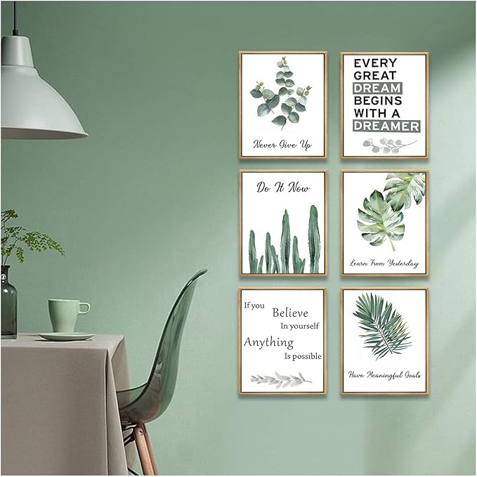 6pcsOffice Inspirational Botanical Canvas Wall Art Eucalyptus Leaves Sage Motivational Quotes Painting Picture Wall Decor Never Give Up Poster Print Artwork For Classroom Bedroom Home Decoration