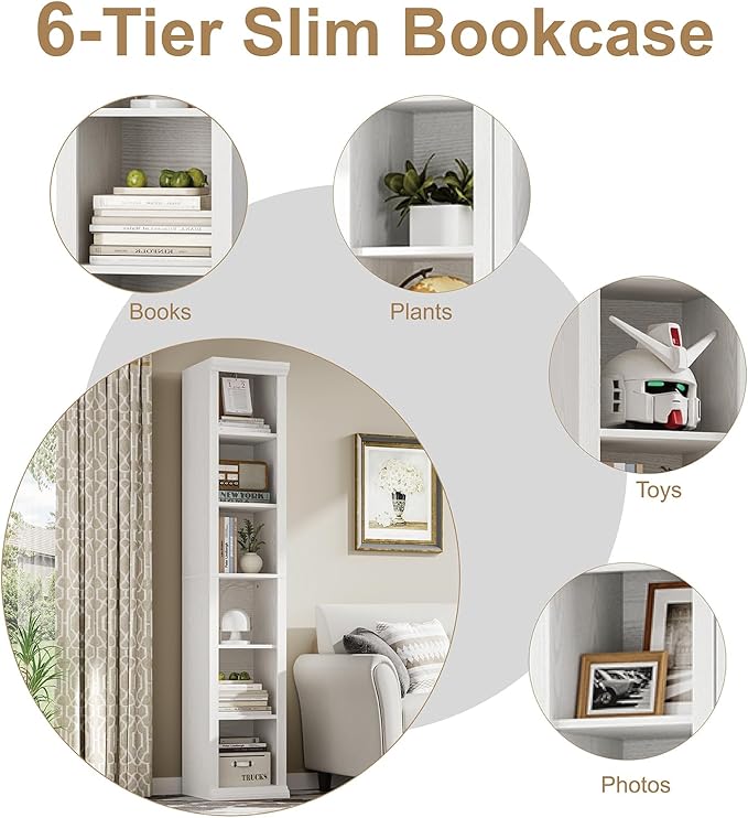 Rresyet Tall Narrow Bookcase, 6-Tier Bookshelf, Modern Open Display Storage Shelf for Living Room, Home Office, Bedroom, White