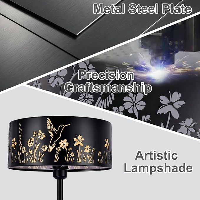 Mid Century Floor Lamp,Unique Hummingbird Floral Black Farmhouse Drum Gothic Floor Lamp with White Parchment,57.67" Tall Metal Rustic Standing Light for Living Room,Bedroom,Home,Office