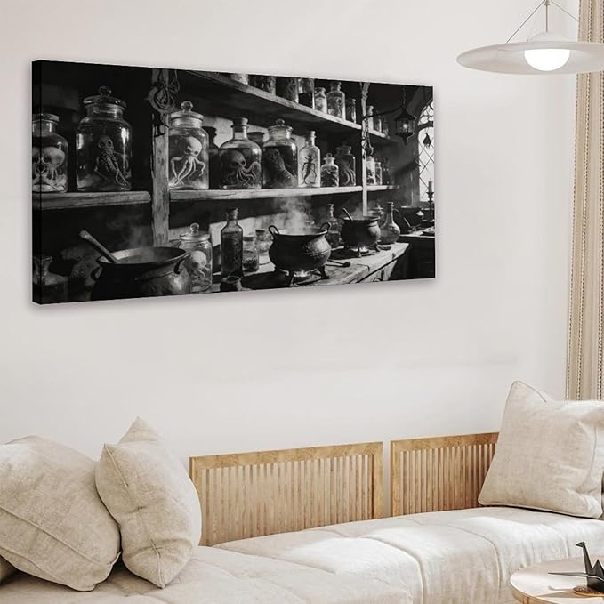 Vintage Apothecary Framed Canvas Wall Art for Office, Black White Moody Wall Decor 58" L x 28" W