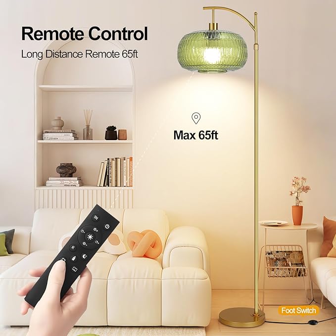 Glass Floor Lamp for Living Room,Bedroom,Gold Mid Century Modern Standing Lamp with Remote,Dimmable Brass Tall Lamp Vintage Retro Green Arc Flower Floor Light Boho Bohemian