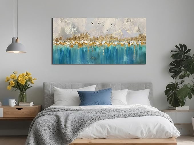 Arjun Abstract Canvas Wall Art for Mens Room, Gold Mountain Hand Painted Textured Living Room Wall Decor Picture, Extra Large Bedroom Painting Artwork Framed Home Office Wall Decor 58"x29"