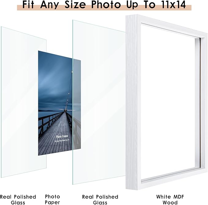 MUYE 11x14 Floating Frame Set of 2,Double Real Glass Photo Frame,Display Any Size Photo up to 11x14,Wall Mount or Tabletop Standing,White