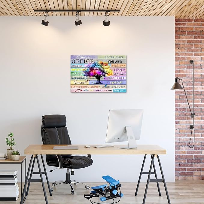 Inspirational Wall Art for Office Team Rules Wall Art Office Wall Decor Motivation Positive Quotes Wall Decor Colorful Tree Signs Framed Painting Prints Artwork for Home 36x24in Framed