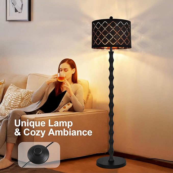 Gothic Vintage Floor Lamp for Living Room Bedroom,Black Standing Tall Lamp with Drum Lampshade,Farmhouse Unique Floor Lamps,Mid Century Modern Iron Floor Lamp for Office Corner(Bulb Included)