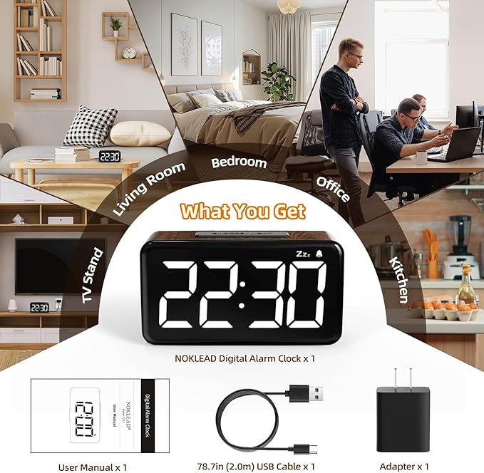 NOKLEAD Digital Alarm Clock: Wood Grain, 5.9-inch Large LED Display, Easy to Use for Seniors and Men, Adjustable Brightness, Aesthetic Room Decor Desk Clocks for Bedroom | Dorm | Living Room | Office