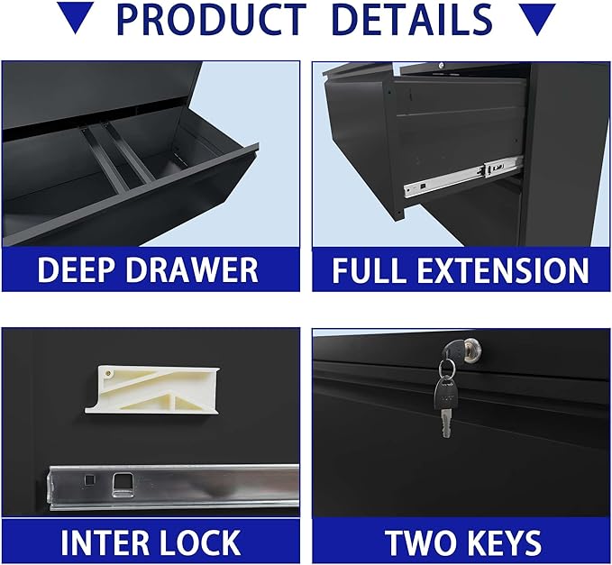 5 Drawer Lateral File Cabinet with Lock for Home Office Metal Filing Cabinet with Adjustable Hanging Rails Horizontal Filing Organization Storage Cabinet for Letter/Legal/A4/F4 Size Balck