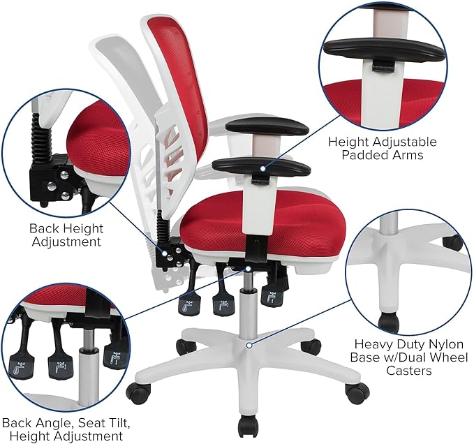 Flash Furniture Nicholas Mid-Back Red Mesh Multifunction Executive Swivel Ergonomic Office Chair with Adjustable Arms and White Frame