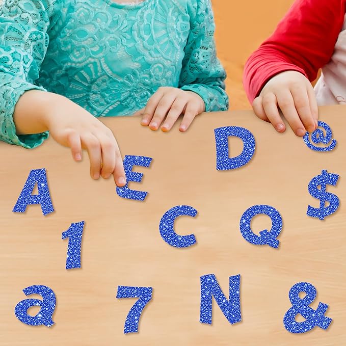 Colarr 216 Pcs Glitter Bulletin Board Letters for Classroom Number Alphabet Punctuation Symbol Cutout 4'' Die-Cut Poster Letter with Adhesive Dot School Party Holiday Decor Display(Blue)