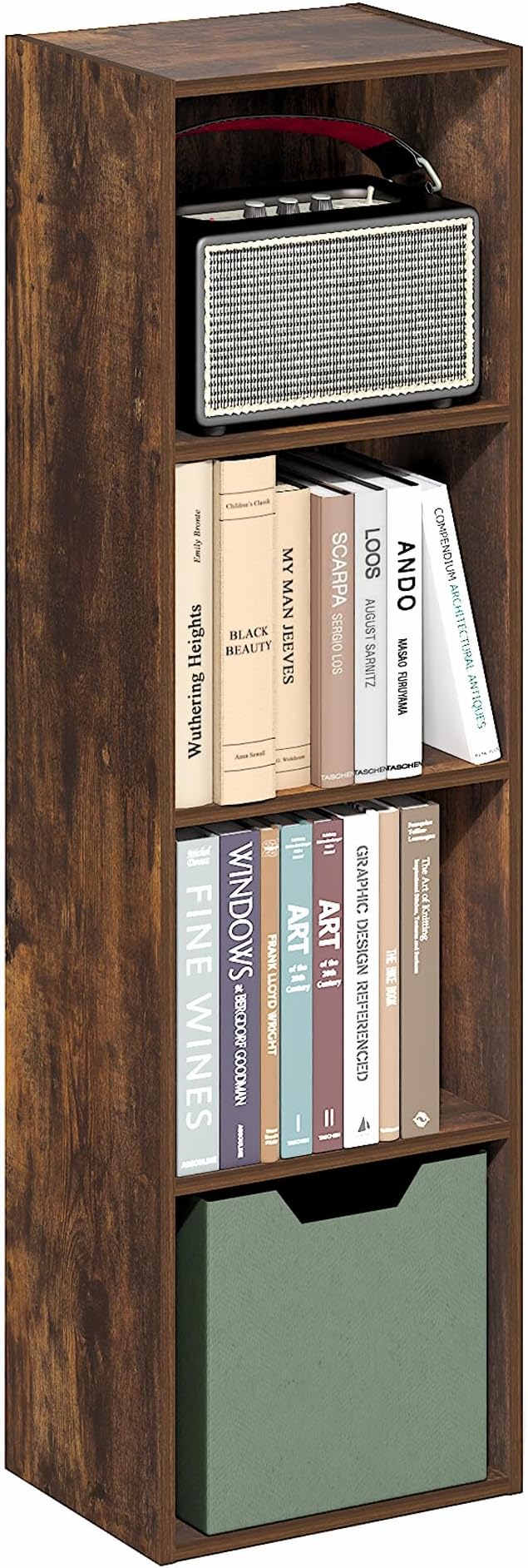 Furinno PASIR Book Shelf, 4-Tier Bookcase, Modern Standing Bookshelf, Open Storage Shelf, 9 x 12 x 42 Inches, for Home Office, Living Room, Amber Oak