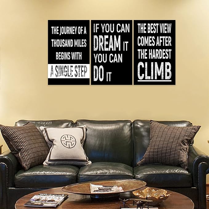 3 Piece Inspirational Wall Art, Black Background Sayings Picture, Quotes Motivational Canvas Prints for Gym Wall Decor, Triptych Entrepreneur Painting Framed Artwork for School Decor (72"Wx36" H)