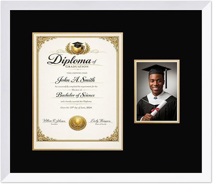 CountryArtHouse Fits 10 x 13 College Diploma (Portrait Traditional) and 5 x 7 Pho Diploma and Photo Frame Bright White Genuine Hardwood with Black Over Metallic Gold Double mat
