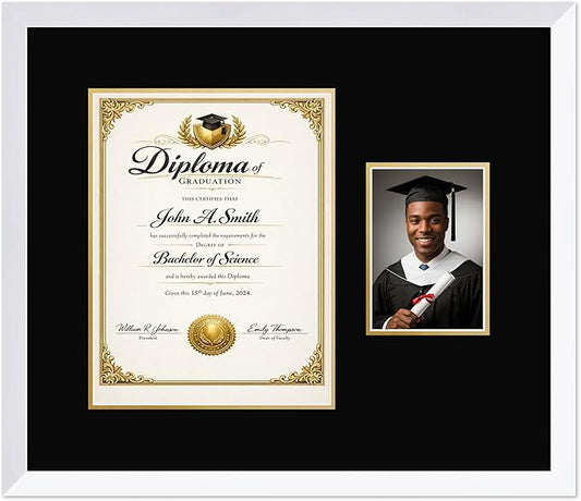 CountryArtHouse Fits 10 x 13 College Diploma (Portrait Traditional) and 5 x 7 Pho Diploma and Photo Frame Bright White Genuine Hardwood with Black Over Metallic Gold Double mat