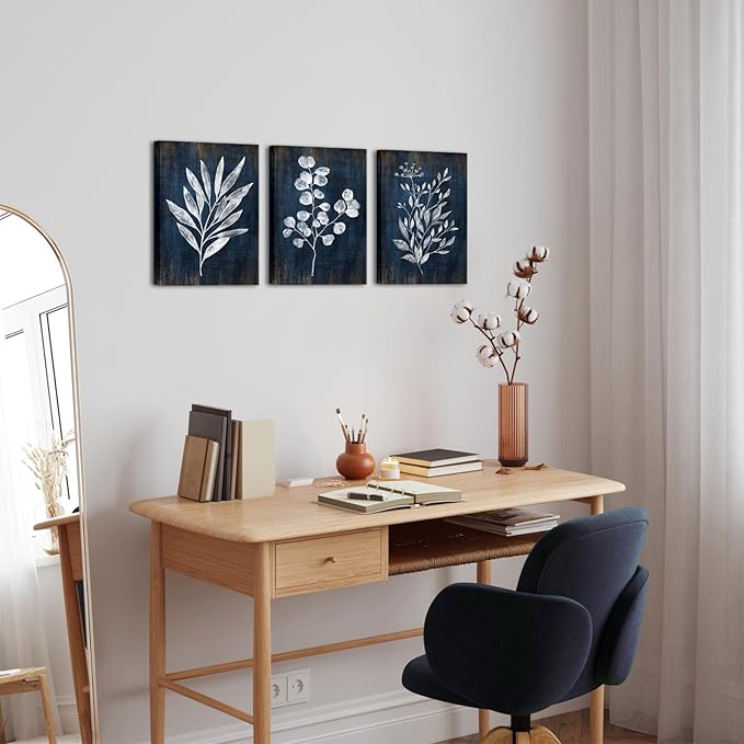 Conipit Navy Blue Botanical Painting Rustic Botanical Wall Art Canvas Abstract Blue White Leaf Plant Artwork Prints Framed For Living Room Bedroom Wall Decor 12''X16''X3pcs