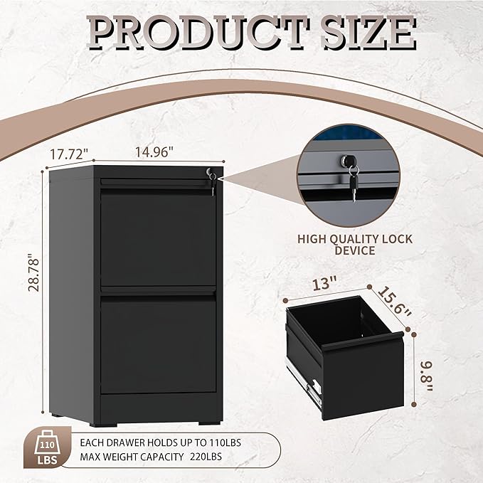 2 Drawer File Cabinet with Lock, File Cabinet, Steel Vertical Filing Cabinets for Home Office, Heavy Duty File Storage Cabinet for Legal/Letter/A4 Documents, Easy to Assemble, Black