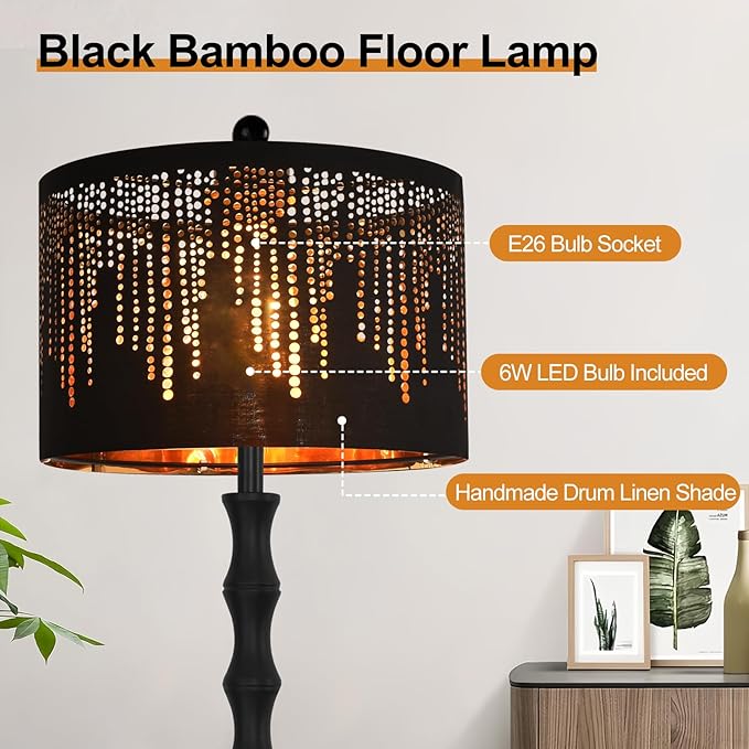 Vintage Floor Lamp for Living Room Bedroom,Farmhouse Rustic Floor Lamps,Modern Standing Tall Lamp with Black Unique Lampshade,Gothic Mid Century Iron Floor Lamp for Office Corner Decor