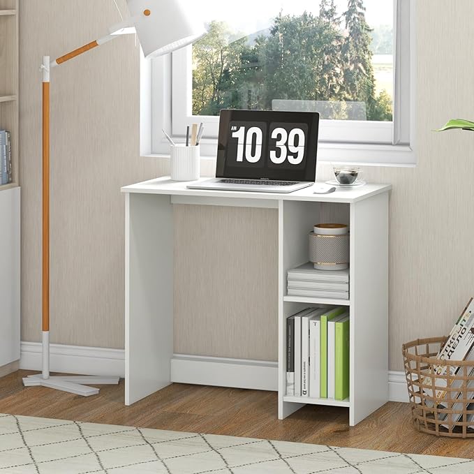 31.5 Inch Small Computer Desk, Wooden Desks for Home Office Small Spaces with Storage Shelves, Modern Simple Style Writing Study Work Desk, Compact White Desk