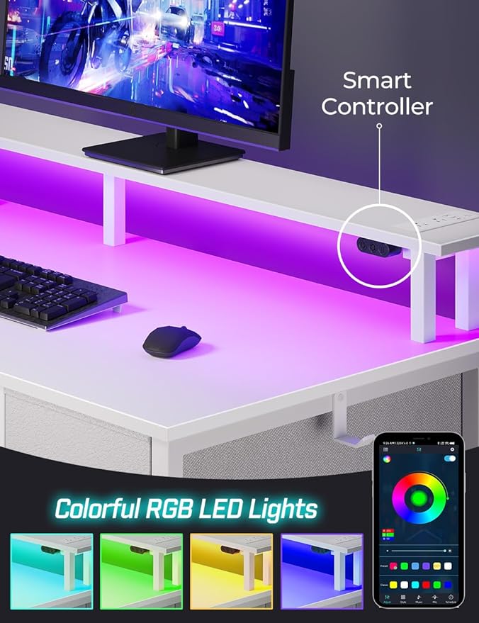 Seventable Computer Desk with Power Outlets & LED Light, 39 inch Home Office Desk with 5 Drawers, Writing Desk with Monitor Stand, Work Desk for Home Office, White
