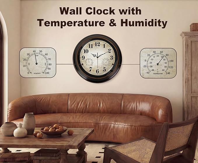 Vintage Wall Clock 16 Inch Quartz Silent Non-Ticking Analog Clock with Thermometer and Hygrometer, Battery Operated Rustic Round Decorative Clock for Living Room Kitchen Home Office