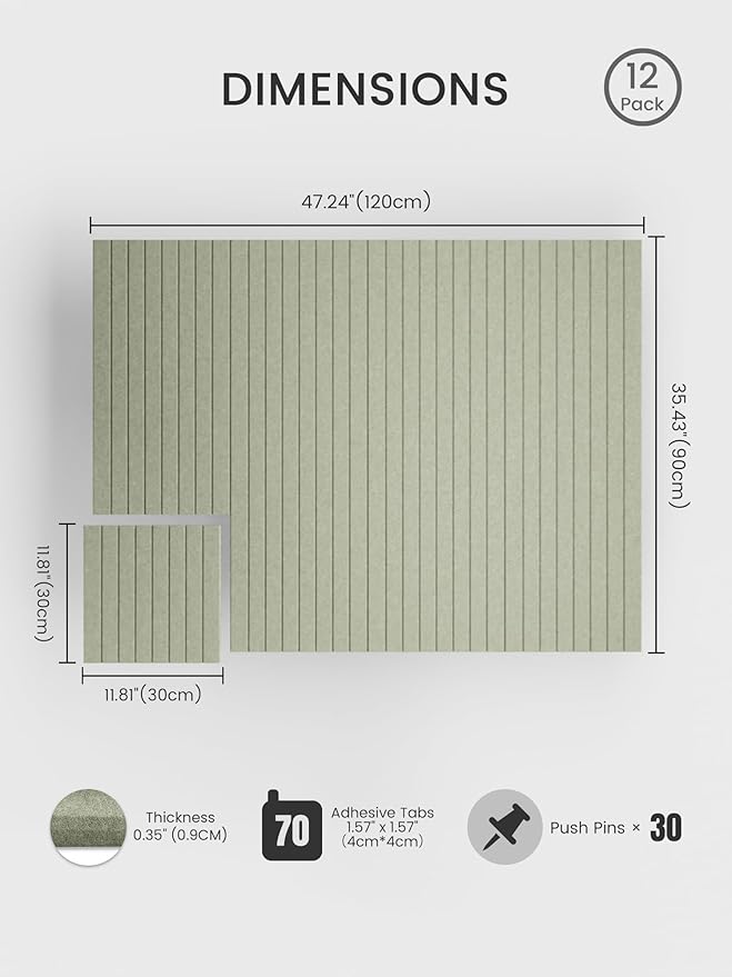 Bumusty Large Cork Board Alternative-48 x 36" Felt Bulletin Board Tiles, with 30 Pushpins, 70 Adhesive Tabs, 12-Pack Slat Wall Paneling, Cork Boards for Office Push Pin Board Felt Board-Sage