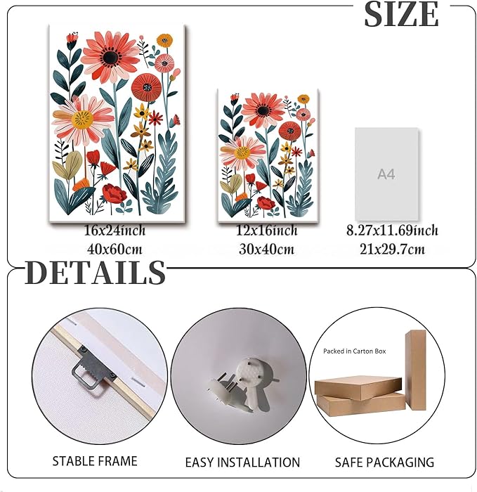 KISSFOX Framed Colorful Wildflower Canvas Wall Art Set Of 3 Flowers Pictures Prints Flowers Printing Floral Watercolors Flower wall Decor Living Room Girls Bedroom Bathroom