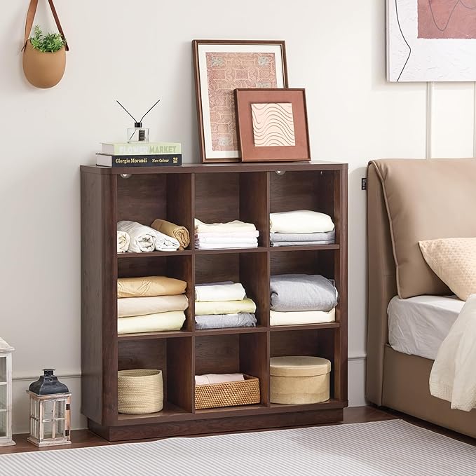 9 Cube Bookshelf, 40.5" Wide Organizer Bookcase with Curved Edge, Wood Floor Standing 3-Tier Cubby Book Shelf with Base, Vintage Display Storage Cabinet for Living Room, Home Office, Walnut