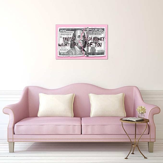 Money Wall Art 100 Dollars Bill Canvas Painting Modern Print Artwork Inspirational Entrepreneur Pink Benjamin Franklin Picture for Bedroom Living Room Office Decor, Framed 24"W x 36"H